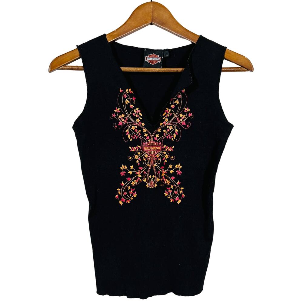 Harley Davidson Sleeveless Tee V Neck Black Embroider - M